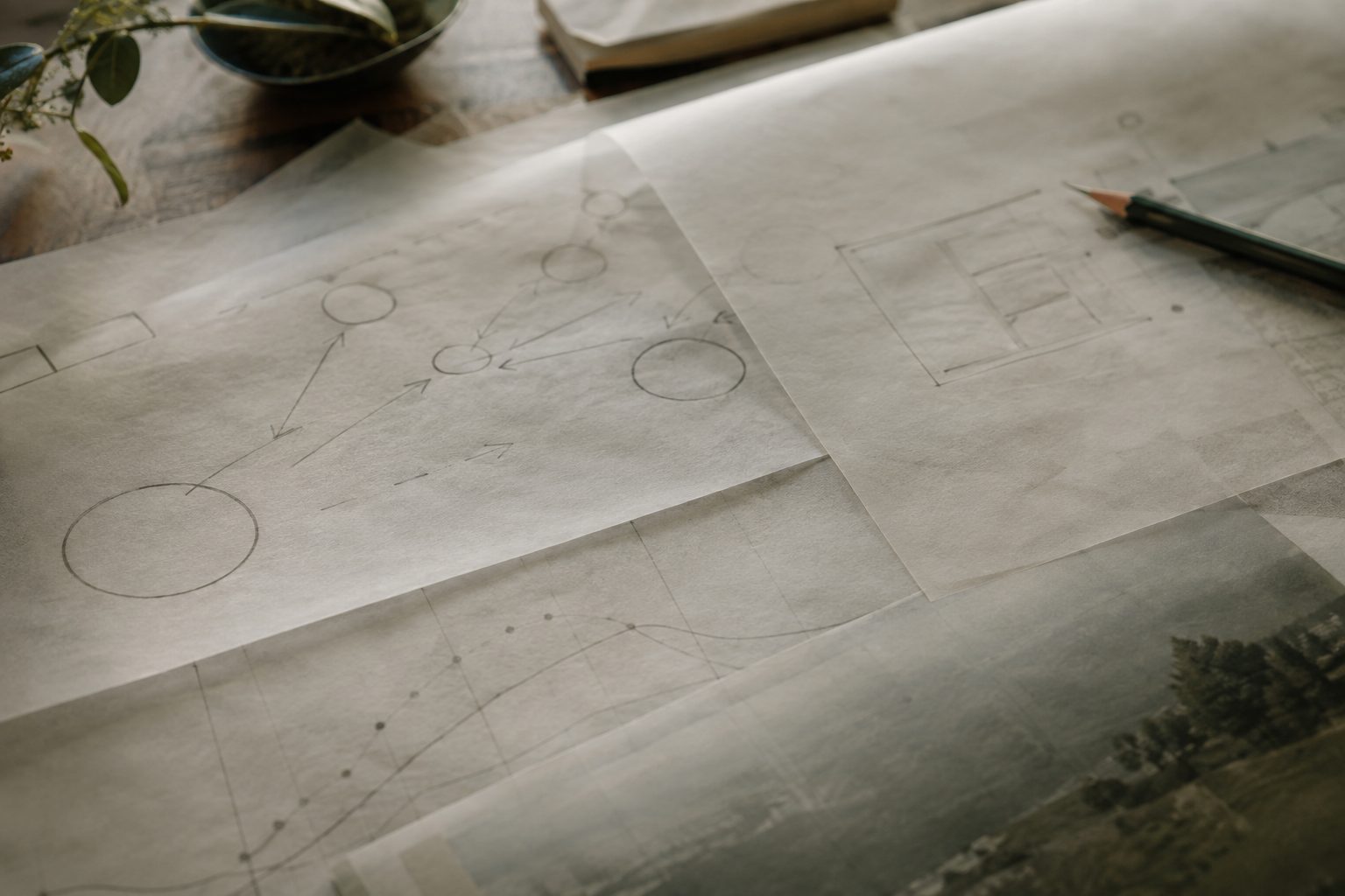 Layered research papers with planning marks