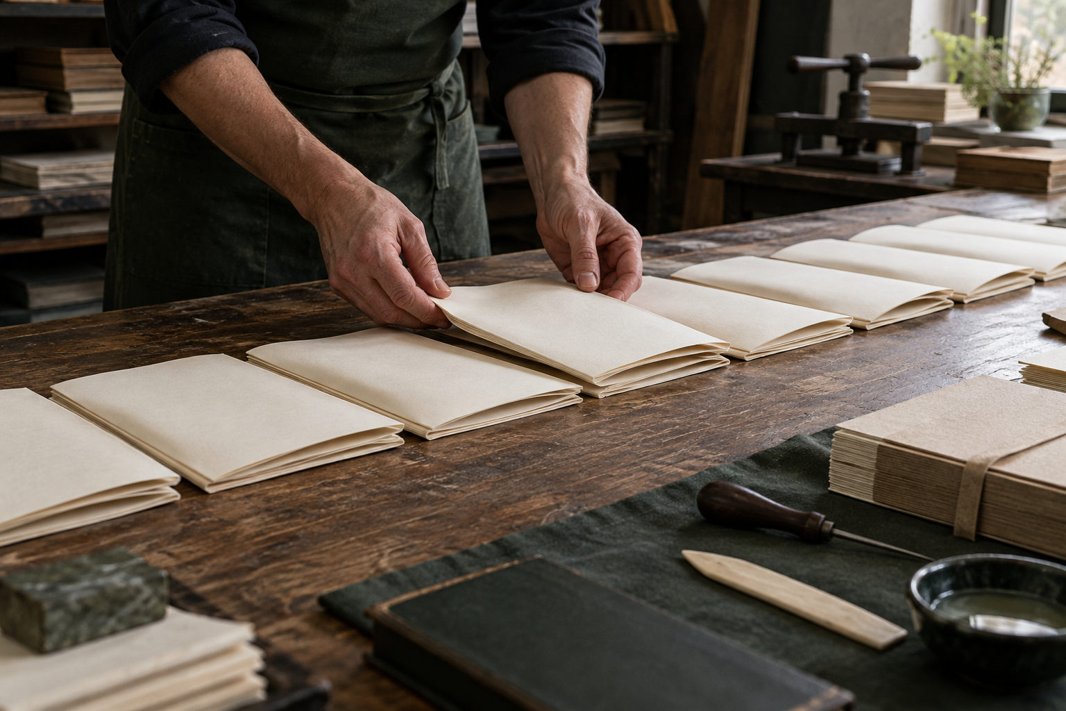 A bookbinder arranging folded paper into a precise sequence