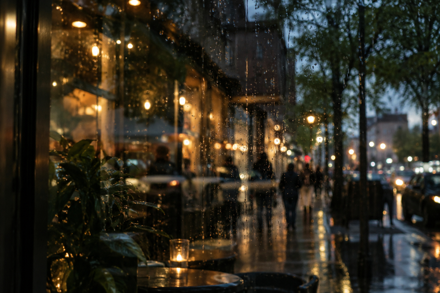 Rain-softened lights on an active city street